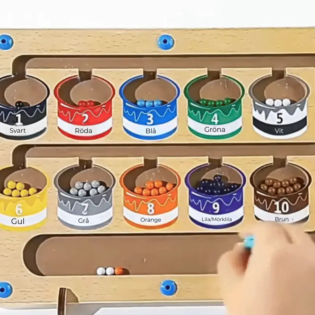 PebblePots™ | Magnetiskt räknbräde i trä - Färgsorteringsspel med penna för tidig lärande och finmotorik