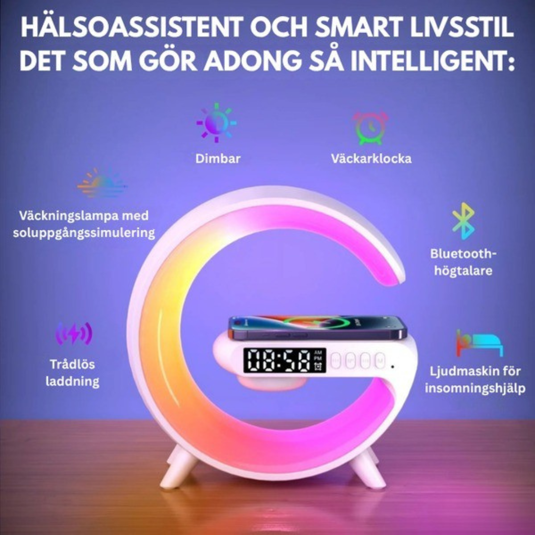 LumaRise™ | Soluppgångsvakningslampa, Bluetooth-högtalare, trådlös laddare, stämningsbelysning!