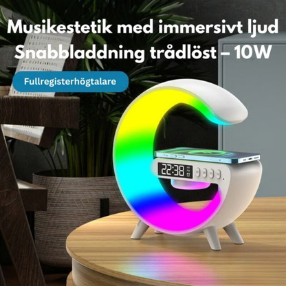 LumaRise™ | Soluppgångsvakningslampa, Bluetooth-högtalare, trådlös laddare, stämningsbelysning!