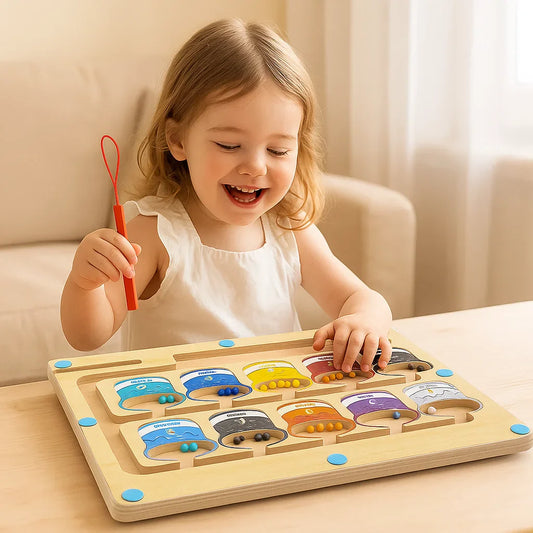 PebblePots™ | Magnetiskt räknbräde i trä - Färgsorteringsspel med penna för tidig lärande och finmotorik