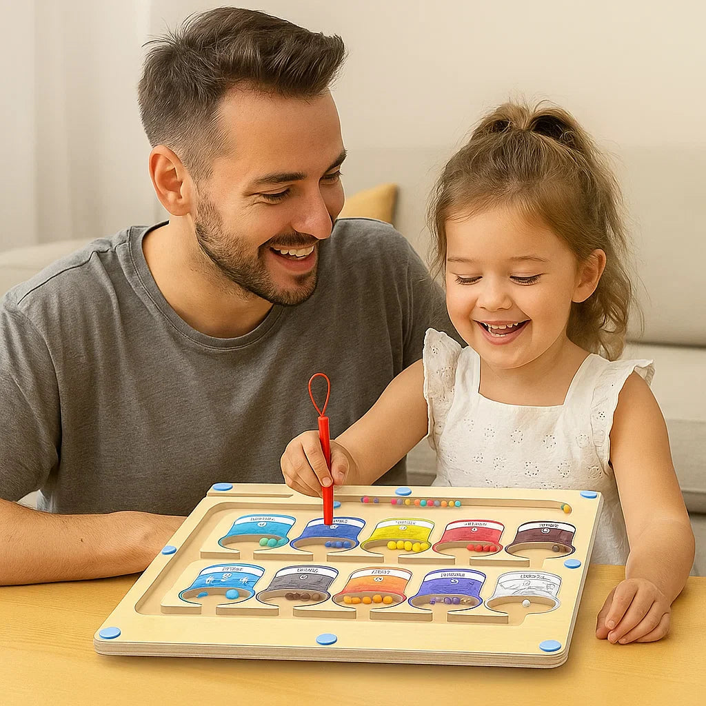 PebblePots™ | Magnetiskt räknbräde i trä - Färgsorteringsspel med penna för tidig lärande och finmotorik