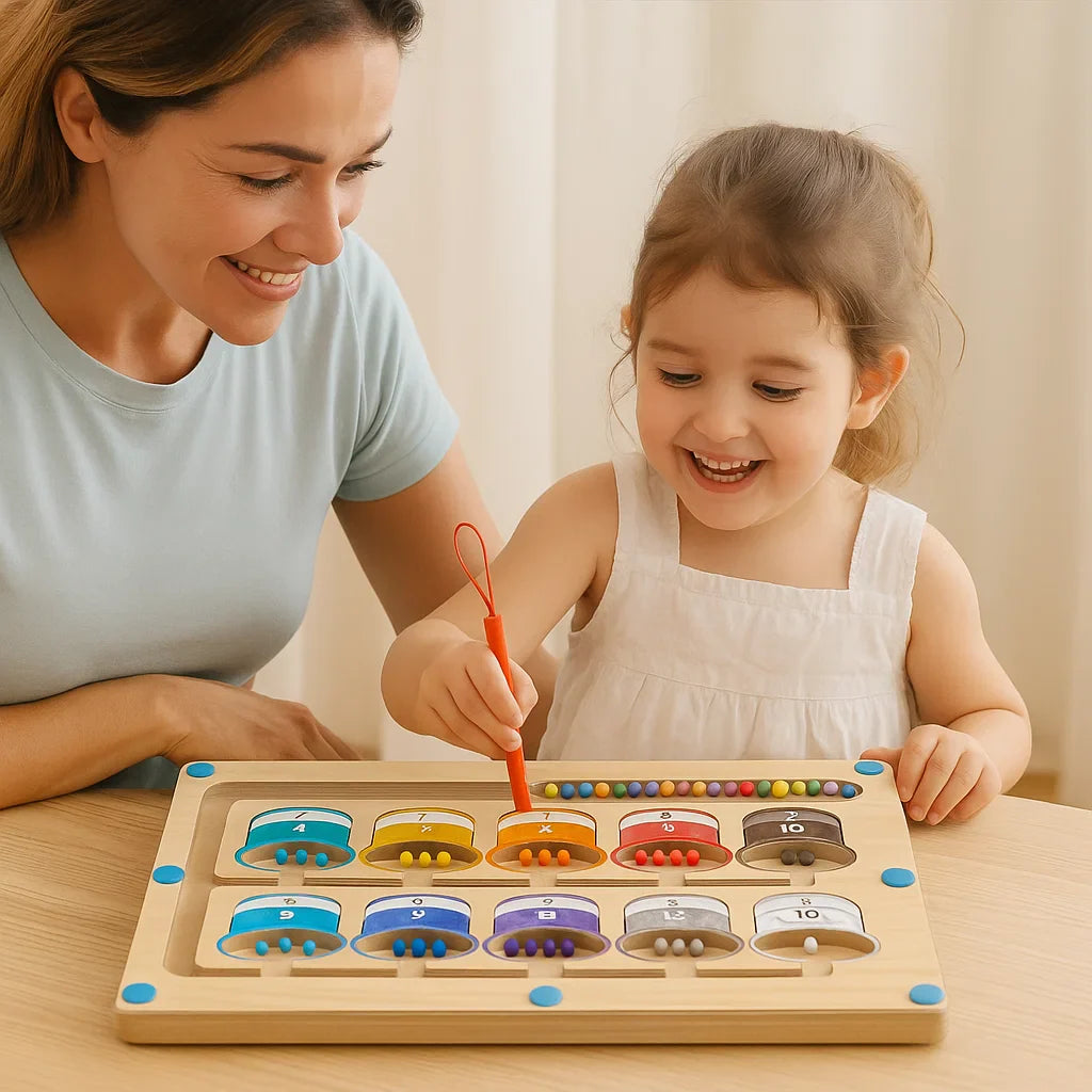 PebblePots™ | Magnetiskt räknbräde i trä - Färgsorteringsspel med penna för tidig lärande och finmotorik